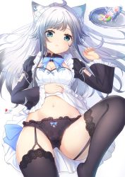 Rule 34 | 1girl, :&lt;, ahoge, animal ears, black panties, black thighhighs, blue bow, blue eyes, blush, bow, bow panties, breasts, cat ears, cleavage, closed mouth, clothes lift, commentary request, cream, dress, dress lift, fingernails, food, frilled sleeves, frills, fruit, garter straps, gluteal fold, hand up, highres, juliet sleeves, lace, lace-trimmed legwear, lace trim, lifted by self, long hair, long sleeves, looking at viewer, lying, maid, maid headdress, navel, omelet tomato, on back, original, panties, parfait, puffy sleeves, silver hair, simple background, small breasts, solo, spill, strawberry, thighhighs, tray, underwear, very long hair, white background, white dress, wide sleeves