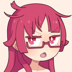 Rule 34 | 1girl, blunt bangs, blush, bright pupils, brown background, chestnut mouth, choppy bangs, commentary request, glasses, hair over shoulder, hospital king, kemurikusa, long hair, looking at viewer, medium bangs, messy hair, open mouth, portrait, red-framed eyewear, red eyes, red hair, ryoku (kemurikusa), simple background, solo, tearing up, v-shaped eyebrows, white pupils