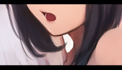 Rule 34 | 2girls, bare shoulders, black hair, close-up, collarbone, head out of frame, highres, letterboxed, mouth focus, multiple girls, open mouth, original, shimmer, simple background, upper body, white background, white hair