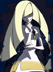 Rule 34 | 1girl, bare shoulders, blonde hair, creatures (company), dress, evil smile, game freak, green eyes, hair over one eye, kanade (unchi knd280), long hair, looking at viewer, lusamine (pokemon), nintendo, open mouth, pokemon, pokemon sm, sleeveless, sleeveless dress, smile, solo, very long hair, white dress