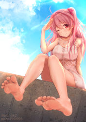 Rule 34 | 1girl, artist request, barefoot, blush, chaos;head, cloud, feet, foot focus, hair ribbon, highres, long hair, looking at viewer, one eye closed, red eyes, ribbon, sakihata rimi, sky, smile, soles, solo, toes