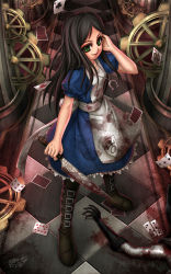 Rule 34 | 10s, 1girl, 2012, alice: madness returns, alice (alice in wonderland), alice in wonderland, alice liddell (american mcgee&#039;s alice), american mcgee&#039;s alice, black hair, blood, card, examheart, gears, green eyes, highres, jewelry, knife, long hair, necklace, playing card, smile, solo