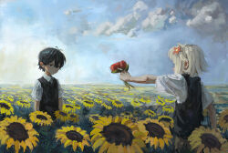 Rule 34 | 2boys, absurdres, arms at sides, basil (faraway) (omori), basil (omori), black hair, black vest, blonde hair, check spoilers, closed mouth, cloud, collared shirt, day, elainma, faux traditional media, field, flower, flower field, giving, hair between eyes, hair flower, hair ornament, hashtag only commentary, highres, holding, holding flower, looking at another, male focus, medium hair, multiple boys, omori, outdoors, outstretched arm, photoshop (medium), red flower, shirt, short hair, short sleeves, sky, spoilers, standing, sunflower, sunflower field, sunny (omori), very short hair, vest, white shirt, yellow flower