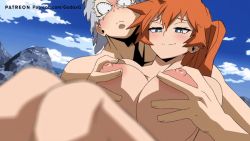 Rule 34 | animated, animated gif, artist name, blush, boku no hero academia, breast press, breasts, breasts squeezed together, cloud, couple, felipe godoy, full-face blush, grabbing, grabbing another&#039;s breast, grabbing from behind, happy, hetero, hugging own legs, kendou itsuka, large breasts, long hair, looking down, nervous, nipples, nude, on ground, orange hair, outdoors, sitting, sky, smile, tetsutetsu tetsutetsu, watermark, white hair