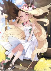 Rule 34 | 1girl, absurdres, arm up, bare shoulders, blonde hair, brown footwear, brown hat, commentary request, day, dress, elf, esterielle (world flipper), flower, hand on headwear, hat, hat flower, highres, long hair, looking at viewer, outdoors, parted lips, petals, pink flower, pointy ears, red eyes, sandals, see-through, shibainu, sleeveless, sleeveless dress, smile, solo, stairs, straw hat, toeless footwear, very long hair, wedge heels, white dress, world flipper