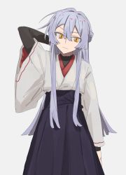 Rule 34 | 1girl, black shirt, black skirt, closed mouth, commentary request, cowboy shot, grey background, guu (guu8), hair between eyes, hand up, head tilt, highres, japanese clothes, kimono, long hair, looking at viewer, original, purple hair, red kimono, scratching head, shirt, simple background, skirt, white kimono, yellow eyes