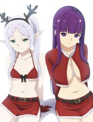 Rule 34 | 2girls, alternate costume, arm support, bikini, bikini top only, black bow, bow, breasts, closed mouth, elf, fake antlers, fern (sousou no frieren), frieren, fur-trimmed shirt, fur-trimmed skirt, fur trim, green eyes, grey hair, highres, keihh, large breasts, long hair, long sleeves, multiple girls, navel, on ground, pointy ears, purple eyes, purple hair, red bikini, red shirt, red skirt, santa bikini, shirt, sitting, skirt, small breasts, smile, sousou no frieren, swimsuit, twintails, underboob