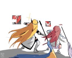 Rule 34 | 2girls, ahoge, arknights, blonde hair, commentary, dress, english commentary, female focus, flag, from behind, highres, holding, holding flag, horns, jacket, long hair, long sleeves, multiple girls, myrtle (arknights), red hair, saileach (arknights), shoes, simple background, thighhighs, very long hair, white background, white dress, white footwear, white jacket, white legwear, whooie