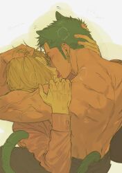 Rule 34 | 2boys, animal ears, back, bara, biceps, black pants, cat ears, cat tail, earrings, french kiss, green hair, green tail, hand on another&#039;s head, head grab, highres, jewelry, kiss, male focus, multiple boys, muscular, muscular male, one piece, pants, roronoa zoro, sanji (one piece), sideburns, tail, topless male, veins, veiny arms, white background, yaoi, ynnn m
