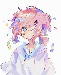 Rule 34 | 1boy, absurdres, bandaid, bandaid on cheek, bandaid on face, blue eyes, blue hoodie, blush, commentary request, crack, cracked skin, crying, crying with eyes open, hair blowing, highres, hood, hoodie, looking at viewer, male focus, original, parted lips, pink hair, ponytail, raito-kun (uenomigi), short hair, short ponytail, simple background, solo, star (symbol), tears, two-tone hoodie, uenomigi, upper body, white background, white hoodie, yume kawaii