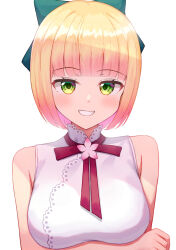 Rule 34 | 1girl, alternate hairstyle, arm under breasts, bare arms, bare shoulders, blonde hair, blunt bangs, bob cut, bow, breasts, clenched teeth, dress, eyelashes, fang, green bow, green eyes, grin, hair bow, highres, hololive, light blush, looking at viewer, medium breasts, momosuzu nene, momosuzu nene (new year), neck ribbon, red ribbon, ribbon, short hair, simple background, sleeveless, sleeveless dress, smile, solo, straight-on, straight hair, teeth, typho, upper body, virtual youtuber, white background, white dress