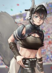 Rule 34 | 1girl, animal ears, arknights, ashlock (arknights), ashlock (elite ii) (arknights), black shirt, breasts, cleavage, commentary request, crop top, grey eyes, grey hair, hair between eyes, headgear, highres, large tail, looking at viewer, material growth, medium breasts, midriff, navel, oripathy lesion (arknights), outdoors, parted lips, partial commentary, pouch, shirt, short hair, short sleeves, solo, stomach, tail, tubuan (tubuan03), upper body, wrist wrap