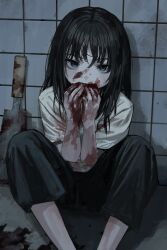 1girl black_hair black_pants blood blood_on_clothes blood_on_face blood_on_ground blood_on_hands bloody_weapon green_eyes highres horror_(theme) implied_murder injury japanese_saw long_hair looking_at_viewer original pants sakiika0513 saw shirt sitting solo weapon white_shirt