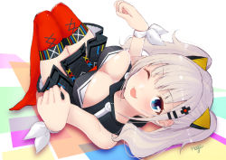 Rule 34 | 1girl, ;3, aonegi, bare shoulders, blue eyes, breasts, cleavage, cleavage cutout, clothing cutout, fang, feet, full body, hair ornament, hairclip, highres, kaguya luna, large breasts, lying, no shoes, on back, one eye closed, open mouth, paw pose, red thighhighs, ribbon, silver hair, skindentation, smile, solo, the moon studio, thighhighs, twintails, virtual youtuber, white ribbon, wrist ribbon, x hair ornament