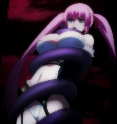 Rule 34 | 10s, 1girl, breasts, cleavage, green eyes, hagure yuusha no estetica, highres, jpeg artifacts, large breasts, long hair, navel, ousawa miu, pink hair, screencap, solo, tentacles, twintails