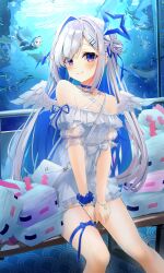 Rule 34 | 1girl, absurdres, amane kanata, aquarium, arms between legs, bangs pinned back, bare shoulders, bench, blue choker, blue eyes, blue hair, blue scrunchie, blush, bracelet, choker, closed mouth, colored inner hair, criss-cross halter, dot nose, dress, feathered wings, feet out of frame, fish, gawr gura, grey hair, hai 0013, hair bun, hair intakes, hair ornament, hairpin, halo, halter dress, halterneck, highres, hololive, hololive english, indoors, jewelry, legs apart, light rays, long hair, looking at viewer, mini wings, multicolored hair, pink eyes, pleated dress, school of fish, scrunchie, short dress, single side bun, sitting, smile, solo focus, two-tone eyes, very long hair, virtual youtuber, water, white dress, white wings, window, wings, wrist scrunchie