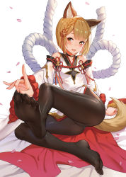 Rule 34 | 1girl, animal ear fluff, animal ears, bare shoulders, black choker, black pantyhose, blonde hair, blush, braid, choker, detached sleeves, dog ears, dog tail, erune, feet, granblue fantasy, hair ornament, highres, japanese clothes, looking at viewer, no shoes, open mouth, panties, panties under pantyhose, pantyhose, petals, rope, shimenawa, short hair, simple background, sitting, smile, solo, tail, toes, underwear, vajra (granblue fantasy), white background, wide sleeves, yellow eyes, ziko