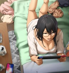 Rule 34 | 1girl, beer can, black eyes, black hair, breasts, can, cellphone, cleavage, commentary request, drink can, from above, futon, glasses, hair between eyes, handheld game console, highres, indoors, large breasts, legs up, lying, mole, mole on breast, nintendo switch, no pants, on stomach, open mouth, original, phone, pillow, red-framed eyewear, revision, rug, shirt, short sleeves, snack, solo, table, tokyo gunjo, white shirt