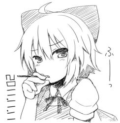 Rule 34 | 1girl, bow, cirno, dated, food, greyscale, hair bow, lock heart (juuryokudou), looking at viewer, monochrome, pocky, pocky day, short hair, simple background, solo, touhou, white background