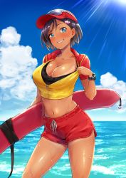 Rule 34 | bare legs, beach, blue eyes, blush, breasts, cleavage, clothes pull, clothing cutout, crop top, dark-skinned female, dark skin, eyewear on head, grin, gym shorts, hair ornament, hairpin, hat, highres, large breasts, lifebuoy, lifeguard, looking at viewer, navel, navel cutout, original, partially undressed, partially unzipped, raised eyebrows, red shorts, seductive smile, shiny skin, shirt pull, short hair, short shorts, shorts, smile, sports bra, sports sunglasses, sunglasses, sweat, sweatdrop, swim ring, tan, tanline, thermidor0728, thick thighs, thighs, unzipped, wantacchi, zipper
