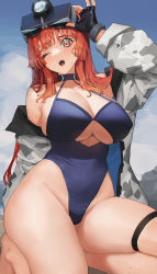 Rule 34 | 1girl, absurdres, arm up, bare legs, black gloves, blue one-piece swimsuit, blush, breasts, clothing cutout, fingerless gloves, gloves, goggles, goggles on head, grey jacket, highleg, highleg swimsuit, highres, jacket, large breasts, last origin, leprechaun (last origin), long hair, long sleeves, looking at viewer, off shoulder, one-piece swimsuit, one eye closed, open clothes, open jacket, open mouth, orange eyes, orange hair, sitting, solo, swimsuit, thigh strap, tunamayo (dsasd751), underboob cutout, very long hair