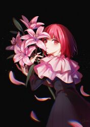 Rule 34 | 1girl, arima kana, black background, black dress, bob cut, capelet, closed mouth, commentary request, cowboy shot, dress, expressionless, flower, frills, from side, highres, holding, holding flower, inverted bob, light blush, long sleeves, looking at viewer, looking to the side, nail polish, oshi no ko, petals, pink flower, red eyes, red hair, red nails, rine natsu, short hair, signature, skirt, solo, standing, white capelet