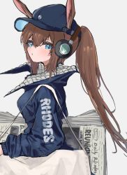 Rule 34 | 1girl, :o, amiya (arknights), amiya (newsgirl) (arknights), animal ears, arknights, bag, baseball cap, black coat, black hat, blue eyes, blush, brown hair, clothes writing, coat, ears through headwear, from side, hat, headphones, highres, implied extra ears, long hair, looking at viewer, looking to the side, newspaper, nyashiro (sgylk), official alternate costume, parted lips, ponytail, rabbit ears, shoulder bag, simple background, solo, upper body, white background