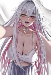 Rule 34 | 1girl, :d, blush, breasts, camisole, choker, cleavage, collarbone, fangs, from below, grey hair, grey skirt, heterochromia, highres, large breasts, long hair, looking at viewer, looking down, multicolored hair, open mouth, original, pink hair, pleated skirt, red eyes, ribbon, ribbon choker, skirt, smile, solo, two-tone hair, very long hair, vitaminechan, vivi (vitaminechan), white ribbon, yellow eyes