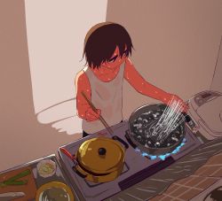 Rule 34 | 1boy, absurdres, avogado6, black hair, blue fire, boiling, chopsticks, commentary, cooking, cooking pot, cutting board, fire, from above, highres, holding, holding chopsticks, male focus, original, rice cooker, shirt, short hair, solo, stove, sweat, nervous sweating, t-shirt, water, wet, wet clothes