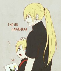 Rule 34 | 1boy, ?, aged down, aged up, blonde hair, character name, earrings, father and son, hand on head, jewelry, long hair, looking back, mother and son, naruto, naruto (series), open mouth, pale skin, ponytail, sai (naruto), smile, solo, yamanaka ino, yamanaka inojin, ysue-chan