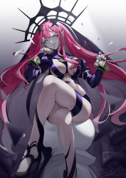Rule 34 | absurdres, armor, barefoot, black nails, bracelet, breasts, colored inner hair, commentary, crossed legs, detached sleeves, earrings, english commentary, baobhan sith (fate), baobhan sith (second ascension) (fate), fate/grand order, fate (series), feet, feibai, foot out of frame, grey eyes, grey hair, hair between eyes, hands up, highres, jewelry, large breasts, leg tattoo, legs, long hair, looking at viewer, multicolored hair, nail polish, open mouth, parted bangs, pink hair, pointy ears, revealing clothes, sidelocks, smile, spiked bracelet, spikes, stomach tattoo, tattoo, thigh strap, thighs, toenail polish, toenails, toes, veil, very long hair