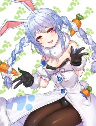 Rule 34 | 1girl, absurdres, animal ear fluff, animal ears, arpeggio kaga, black gloves, blue hair, blush, braid, breasts, brown pantyhose, carrot, carrot hair ornament, coat, commentary, double w, finger gun, food-themed hair ornament, fur trim, gloves, hair ornament, highres, hololive, leotard, long hair, looking at viewer, medium breasts, metal gear (series), multicolored hair, open mouth, pantyhose, playboy bunny, rabbit ears, rabbit girl, rabbit tail, scarf, solo, thick eyebrows, twin braids, two-tone hair, usada pekora, usada pekora (1st costume), virtual youtuber, w, white coat, white hair, you&#039;re pretty good