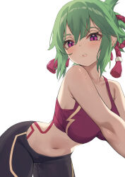 Rule 34 | 1girl, alternate costume, bare shoulders, black shorts, body markings, breasts, commentary, genshin impact, green hair, hair between eyes, hair ribbon, highres, kangbus, kuki shinobu, large breasts, leaning forward, midriff, navel, no mask, ponytail, purple eyes, purple sports bra, red ribbon, ribbon, shorts, simple background, sky, solo, sports bra, sportswear, standing, stomach, stomach tattoo, sweat, tattoo, white background