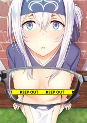 Rule 34 | 10s, 1girl, blue eyes, blush, breasts, caution tape, commentary request, glasses, gloves, hair between eyes, headband, kamoi (kancolle), kanden sky, kantai collection, keep out, large breasts, looking at viewer, looking up, medium hair, navel, parted lips, pov, short eyebrows, solo, x-ray, x-ray glasses, x-ray vision