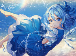 Rule 34 | 1girl, absurdres, barefoot, blue dress, blue eyes, blue hair, bow, cirno, commentary request, dress, from side, hair between eyes, hair bow, highres, looking at viewer, medium hair, parted lips, puffy short sleeves, puffy sleeves, short hair, short sleeves, smile, solo, tess (88884), touhou, underwater, wings