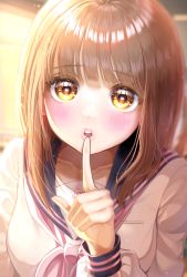 Rule 34 | 1girl, absurdres, bad id, bad twitter id, blunt bangs, blurry, blurry background, blush, breasts, brown eyes, brown hair, collarbone, commentary request, finger to mouth, heart, heart-shaped pupils, highres, index finger raised, light particles, light rays, lips, long hair, long sleeves, medium breasts, onene, open mouth, original, pink neckwear, pink serafuku, sailor collar, school uniform, serafuku, shirt, solo, symbol-shaped pupils, teeth, upper body, upper teeth only, white shirt