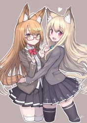 Rule 34 | 2girls, absurdres, animal ear fluff, animal ears, black legwear, blonde hair, breasts, brown background, brown eyes, brown hair, brown jacket, cat ears, cat girl, cat tail, dog ears, dog girl, dog tail, dress shirt, glasses, hand on another&#039;s hip, highres, izayoi cha, jacket, long hair, long sleeves, looking at viewer, miniskirt, multiple girls, original, pleated skirt, red eyes, shirt, simple background, skirt, small breasts, smile, tail, thighhighs, v, white legwear, white shirt, zettai ryouiki