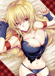 Rule 34 | 00s, 1girl, armband, black panties, black thighhighs, blonde hair, breasts, cleavage, collarbone, covered erect nipples, fate testarossa, fingerless gloves, gloves, groin, large breasts, long hair, lying, lyrical nanoha, mahou shoujo lyrical nanoha strikers, navel, on back, panties, parted lips, red eyes, shirt, simon (n.s craft), solo, sweat, thighhighs, torn clothes, torn shirt, underwear