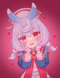 Rule 34 | 1girl, absurdres, blue hair, blush, commentary request, facing viewer, gekikara poteto, genshin impact, gloves, hands on own cheeks, hands on own face, heart, highres, light blue hair, long sleeves, open mouth, red background, red eyes, short hair, short twintails, sigewinne (genshin impact), smile, solo, twintails, upper body, white gloves, white headwear, yandere trance