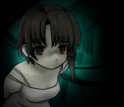 Rule 34 | 1girl, arms behind back, brown eyes, brown hair, camisole, expressionless, hair ornament, highres, iwakura lain, leaning forward, looking at viewer, multiple views, serial experiments lain, short hair, white camisole, wire, x hair ornament, zoolpal