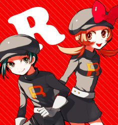 Rule 34 | 1boy, 1girl, bad id, bad pixiv id, bow, brown eyes, brown hair, cabbie hat, clothes writing, cosplay, creatures (company), dada, dada (dolce), ethan (pokemon), game freak, gloves, hat, hat ribbon, lyra (pokemon), nintendo, pokemon, pokemon hgss, red ribbon, ribbon, short twintails, skirt, team rocket, team rocket (cosplay), team rocket uniform, twintails