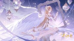 Rule 34 | 1girl, absurdres, angel wings, bare legs, bare shoulders, blonde hair, blue eyes, closed mouth, dark persona, different reflection, douluo dalu, from side, full body, hair ornament, hand on mirror, highres, long hair, mirror, qian renxue (douluo dalu), reflection, ripples, second-party source, shizue rusi yi bei zhanyong, sitting, solo, wings