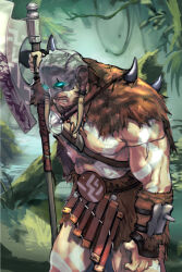 1boy angry axe battle_axe beard blue_eyes bodypaint clenched_teeth commentary cowboy_shot energy facial_hair fungi fur_(clothing) garruk_wildspeaker glaring glowing glowing_eyes helmet highres holding holding_axe holding_weapon looking_at_viewer magic:_the_gathering male_focus muscular muscular_male mustache plant solo spikes standing strap teeth tsurubebi weapon