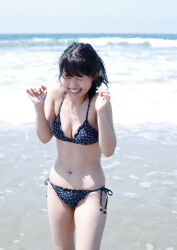 Rule 34 | 1girl, aida rikako, beach, bikini, highres, looking at viewer, outdoors, photo (medium), smile, standing, swimsuit, voice actor