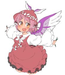 Rule 34 | 1girl, animal ears, bird ears, bird wings, blush, border, brown dress, brown hat, cropped legs, dress, earrings, fang, fingernails, frilled sleeves, frills, green nails, hat, ini (inunabe00), jewelry, long fingernails, long sleeves, mystia lorelei, nail polish, open mouth, outstretched arms, pink hair, sharp fingernails, short hair, simple background, single earring, smile, solo, spread arms, touhou, transparent border, white background, white wings, wide sleeves, winged hat, wings, yellow eyes