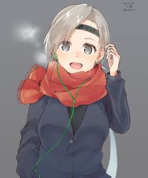 Rule 34 | 1girl, alternate costume, breath, chitose (kancolle), earphones, grey background, grey hair, headband, kantai collection, long hair, looking at viewer, ponytail, red scarf, scarf, simple background, solo, swept bangs, u yuz xx, upper body