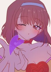Rule 34 | 1girl, blowing kiss, bow, breasts, brown hair, cleavage, hair bow, heart, highres, japanese clothes, kanzaki sumire, large breasts, looking at viewer, one eye closed, purple eyes, sakura taisen, sega, short hair, solo, wink