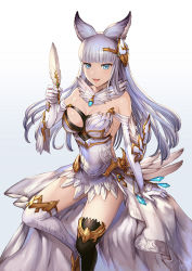 Rule 34 | 10s, 1girl, animal ears, asymmetrical clothes, bad id, bad pixiv id, bare shoulders, blue eyes, breasts, elbow gloves, erune, gloves, gradient background, granblue fantasy, hair ornament, korwa, long hair, looking at viewer, maekawa yuichi, open mouth, silver hair, smile, solo, thighhighs