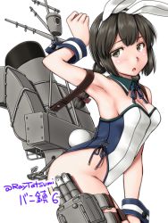 Rule 34 | 1girl, adapted costume, animal ears, black eyes, black hair, braid, breasts, cleavage, commentary request, cowboy shot, detached collar, fake animal ears, hair between eyes, isonami (kancolle), kantai collection, leaning forward, looking at viewer, machinery, medium breasts, playboy bunny, rabbit ears, rabbit tail, sidelocks, simple background, smokestack, solo, tail, tatsumi ray, twin braids, white background, wrist cuffs
