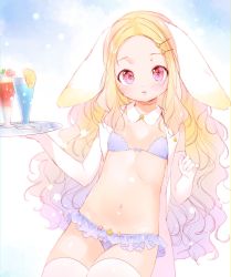 Rule 34 | 1girl, animal ears, bare shoulders, bikini, blush, collar, commentary request, cup, detached collar, drink, drinking glass, elbow gloves, forehead, gloves, hair ornament, hands up, highres, holding, holding tray, jacket, looking at viewer, mutou mato, navel, open clothes, open jacket, original, parted bangs, parted lips, purple bikini, rabbit ears, sleeveless, sleeveless jacket, solo, star (symbol), star hair ornament, swimsuit, thighhighs, tray, white collar, white gloves, white jacket, white thighhighs
